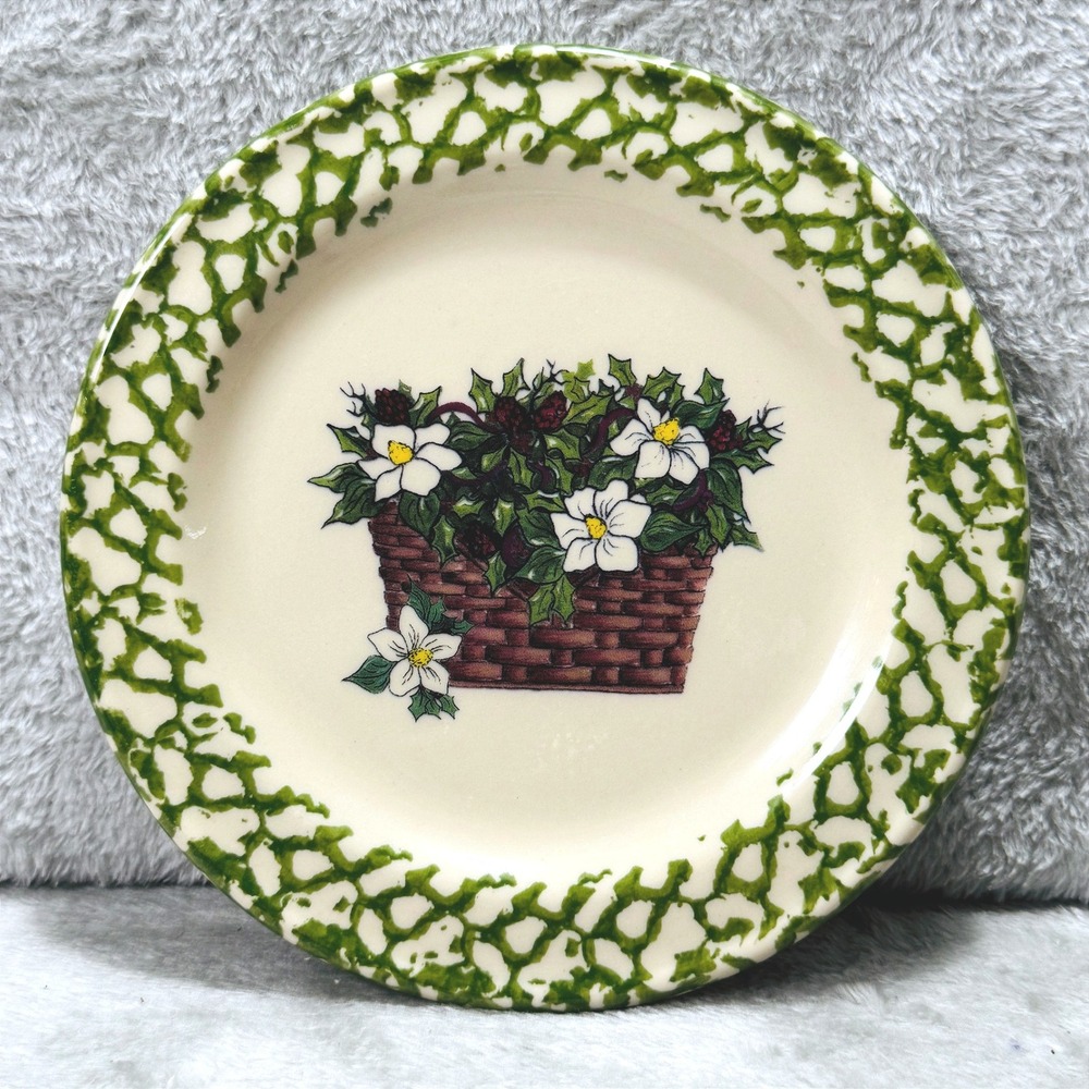 Roseville Spongeware Gerald E‎ Henn Basket of Flowers Plate USA Green Lattice
